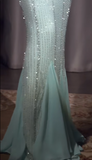Ndyad Tiffany Blue V-neck Mermaid Chiffon Beaded Ball Dress Elegant Evening Gowns HZ1024