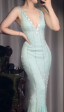 Ndyad Tiffany Blue V-neck Mermaid Chiffon Beaded Ball Dress Elegant Evening Gowns HZ1024