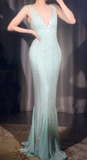 Ndyad Tiffany Blue V-neck Mermaid Chiffon Beaded Ball Dress Elegant Evening Gowns HZ1024