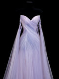 Ndyad Purple Strapless A-Line Tulle Long Prom Dresses Formal Evening Gowns HZ1024