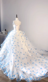 Ndyad White Strapless Tulle A-Line Train Wedding Dress with 3D Butterflies HZ1024