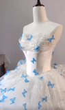 Ndyad White Strapless Tulle A-Line Train Wedding Dress with 3D Butterflies HZ1024