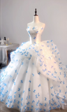 Ndyad White Strapless Tulle A-Line Train Wedding Dress with 3D Butterflies HZ1024