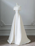 Ndyad Off Shoulder Satin Light Champagne Long Prom Dress, Light Champagne Evening Dress HZ1024