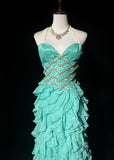 Ndyad Mint Green Sweetheart Mermaid Chiffon Long Prom Dresses Backless Formal Evening Gowns HZ1024