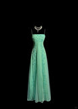 Ndyad Green Spaghetti Straps Satin Beading Empire Prom Dresses Vintage Formal Evening Gowns HZ1024