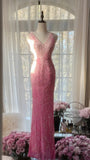 Ndyad Gradient Pink Mermaid V Neck Chiffon Beading Long Prom Dresses Vintage Formal Evening Gowns HZ1024