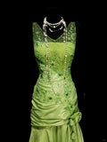Ndyad Bud Green V-neck Mermaid Satin Beaded Long Prom Dresses Evening Gowns with Appliques HZ1024