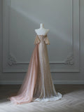 Ndyad Light Champagne Strapless A-Line Tulle Beading Long Prom Dresses Formal Evening Gowns HZ1024