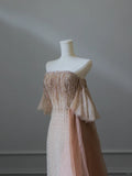 Ndyad Light Champagne Strapless A-Line Tulle Beading Long Prom Dresses Formal Evening Gowns HZ1024