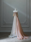 Ndyad Light Champagne Strapless A-Line Tulle Beading Long Prom Dresses Formal Evening Gowns HZ1024