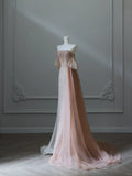 Ndyad Light Champagne Strapless A-Line Tulle Beading Long Prom Dresses Formal Evening Gowns HZ1024