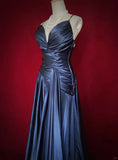 Ndyad Navy Blue Spaghetti Straps A-Line Satin Long Prom Dress Formal Evening Gowns with Pleats HZ1024