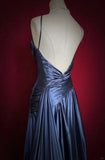 Ndyad Navy Blue Spaghetti Straps A-Line Satin Long Prom Dress Formal Evening Gowns with Pleats HZ1024