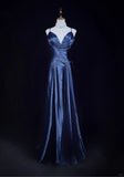 Ndyad Navy Blue Spaghetti Straps A-Line Satin Long Prom Dress Formal Evening Gowns with Pleats HZ1024