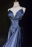 Ndyad Navy Blue Spaghetti Straps A-Line Satin Long Prom Dress Formal Evening Gowns with Pleats HZ1024