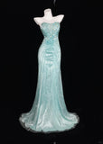 Ndyad Tiffany Blue Strapless Mermaid Satin Beaded Long Prom Dress Formal Evening Gowns HZ1024