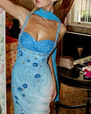 Ndyad Blue Sweetheart Sheath Beaded Chiffon Long Prom Dresses Vintage Formal Evening Gowns HZ1024