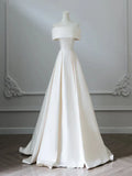 Ndyad Off Shoulder Satin Light Champagne Long Prom Dress, Light Champagne Evening Dress HZ1024