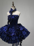 Ndyad Deep Royal Blue Strapless A-Line Lolita Prom Dresses Homecoming Dress HZ1024