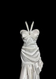 Ndyad White Halter Sheath Satin Prom Dresses Formal Evening Gowns HZ1024