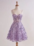 Ndyad Lavender Spaghetti Straps A-Line Tulle Applique Short Prom Dresses Homecoming Dress with Sequins HZ1024