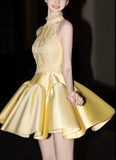 Ndyad Butter Yellow Turtleneck A-Line Satin Short Prom Dresses Homecoming Dress HZ1024