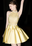 Ndyad Butter Yellow Turtleneck A-Line Satin Short Prom Dresses Homecoming Dress HZ1024