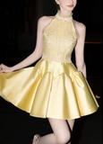 Ndyad Butter Yellow Turtleneck A-Line Satin Short Prom Dresses Homecoming Dress HZ1024