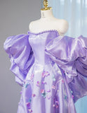 Ndyad Purple Off-shoulder A-Line Satin Long Prom Dresses Sweet Evening Gowns With Appliques HZ1024