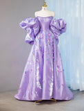 Ndyad Purple Off-shoulder A-Line Satin Long Prom Dresses Sweet Evening Gowns With Appliques HZ1024