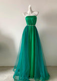 Ndyad Green Strapless A-Line Chiffon Tulle Long Prom Dresses Formal Evening Gowns HZ1024