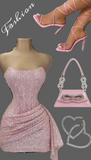 Ndyad Pink Strapless Bodycon Short Prom Dresses Glitter Sequin Homecoming Dresses HZ1024