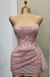 Ndyad Pink Strapless Bodycon Short Prom Dresses Glitter Sequin Homecoming Dresses HZ1024