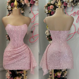 Ndyad Pink Strapless Bodycon Short Prom Dresses Glitter Sequin Homecoming Dresses HZ1024
