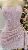 Ndyad Pink Strapless Bodycon Short Prom Dresses Glitter Sequin Homecoming Dresses HZ1024