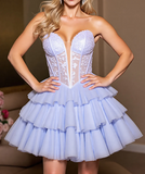 Ndyad Lavender Sweetheart A-Line Tulle Lace Short Prom Dresses Homecoming Dresses HZ1024