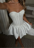 Ndyad White Sweetheart A-Line Satin Lace Short Prom Dresses Homecoming Dresses HZ1024