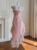 Ndyad Pink Spaghetti Straps A-Line Satin Jacquard Lace Short Prom Dresses Homecoming Dresses with Beading HZ1024