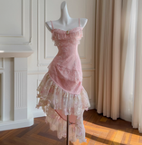Ndyad Pink Spaghetti Straps A-Line Satin Jacquard Lace Short Prom Dresses Homecoming Dresses with Beading HZ1024