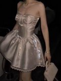Ndyad White Strapless A-Line Satin Short Prom Dresses Homecoming Dresses with Pearls HZ1024