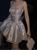 Ndyad White Strapless A-Line Satin Short Prom Dresses Homecoming Dresses with Pearls HZ1024