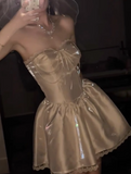Ndyad White Strapless A-Line Satin Short Prom Dresses Homecoming Dresses with Pearls HZ1024