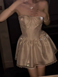 Ndyad White Strapless A-Line Satin Short Prom Dresses Homecoming Dresses with Pearls HZ1024