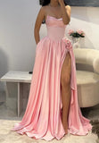 Ndyad Strapless Pink A-Line Satin Long Prom Dresses Formal Evening Gowns with Slits HZ1024