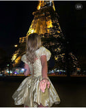 Ndyad Yellow Square Neck A-Line Satin Homecoming Dresses Short Sleeves Prom Dresses HZ1024