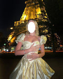 Ndyad Yellow Square Neck A-Line Satin Homecoming Dresses Short Sleeves Prom Dresses HZ1024