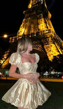 Ndyad Yellow Square Neck A-Line Satin Homecoming Dresses Short Sleeves Prom Dresses HZ1024