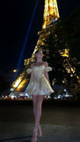 Ndyad Yellow Square Neck A-Line Satin Homecoming Dresses Short Sleeves Prom Dresses HZ1024