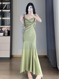 Ndyad Ruffle Satin Swing Neck Suspender Dress Fishtail Maxi Dress HZ1024